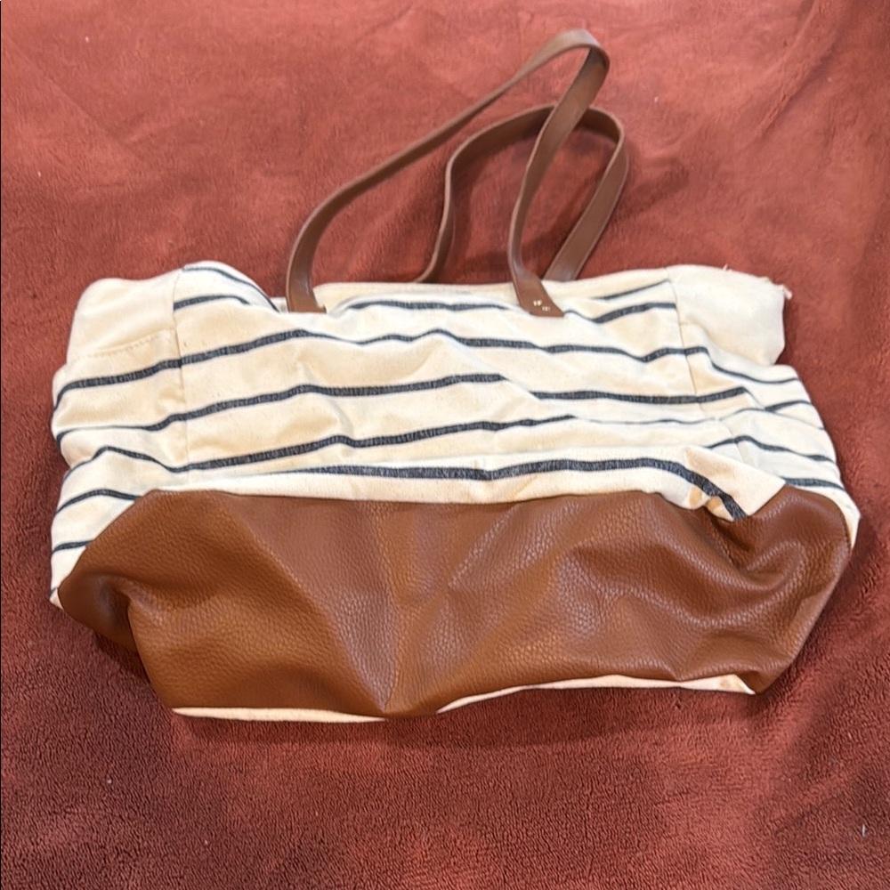 Striped Cream and Brown Tote Bag